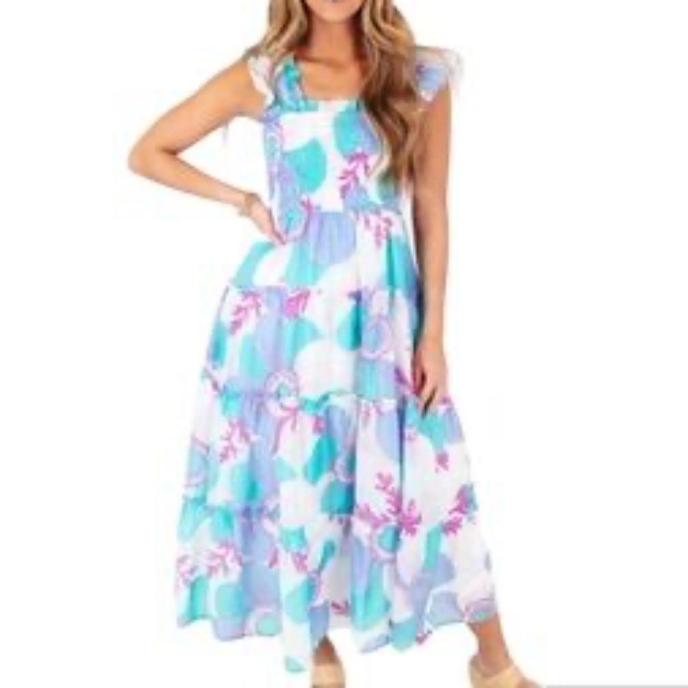 RESORTWEAR 🔥 VACATION FLORAL FLOWY RUFFLE SLEEVE SMOCKED MAXI DRESS